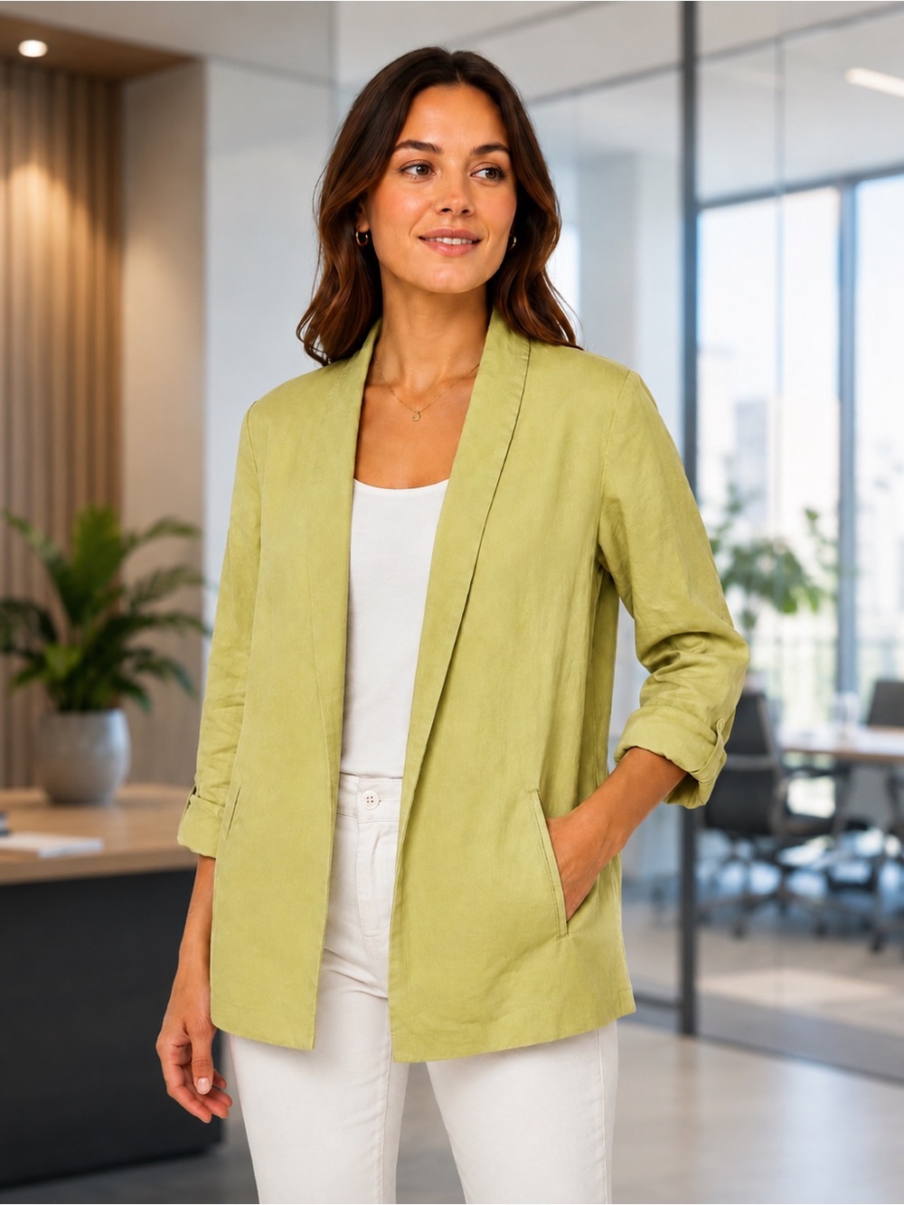 Babaton Linen Blend Open Front Blazer – Light Sage Green – Size 10